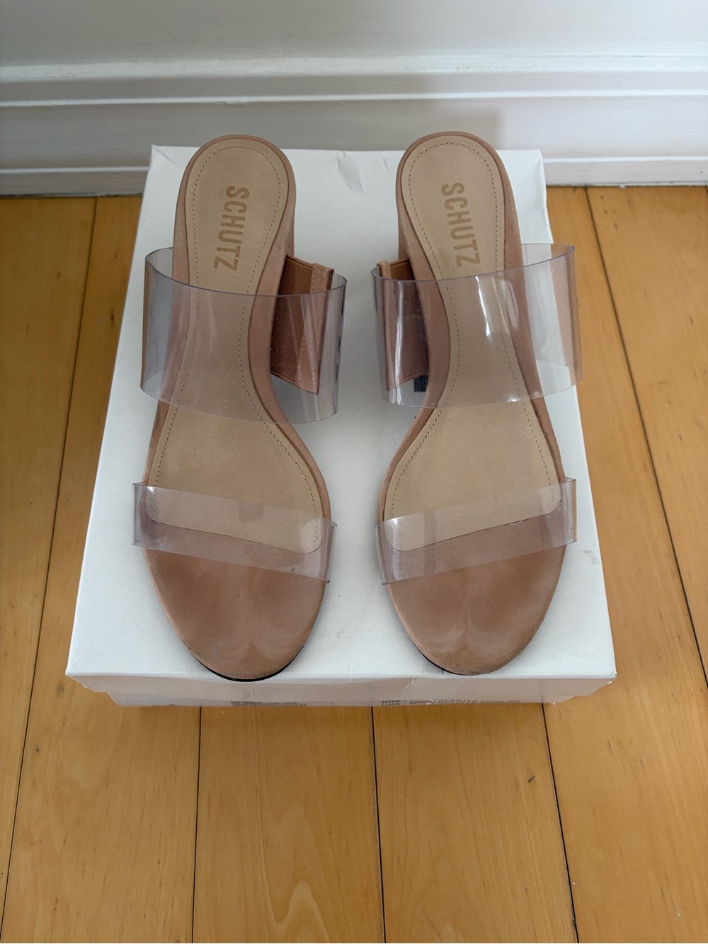 SCHUTZ Tan Slide Mules with Clear PVC Straps